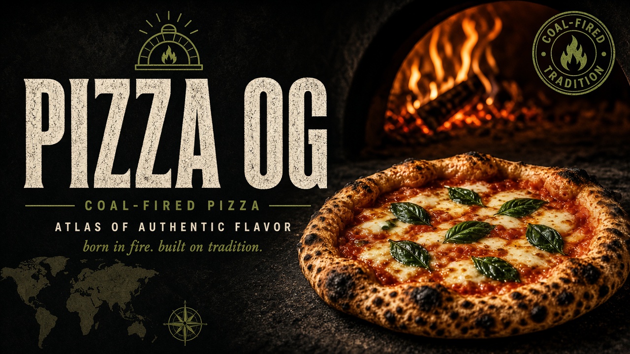 PIZZA OG — coal-fired pizza, atlas of authentic flavor. A charred margherita in front of a fiery oven.